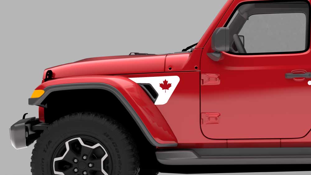 Jeep Wrangler JL/JLU fender vent decal with maple leaf design in white on a red Jeep