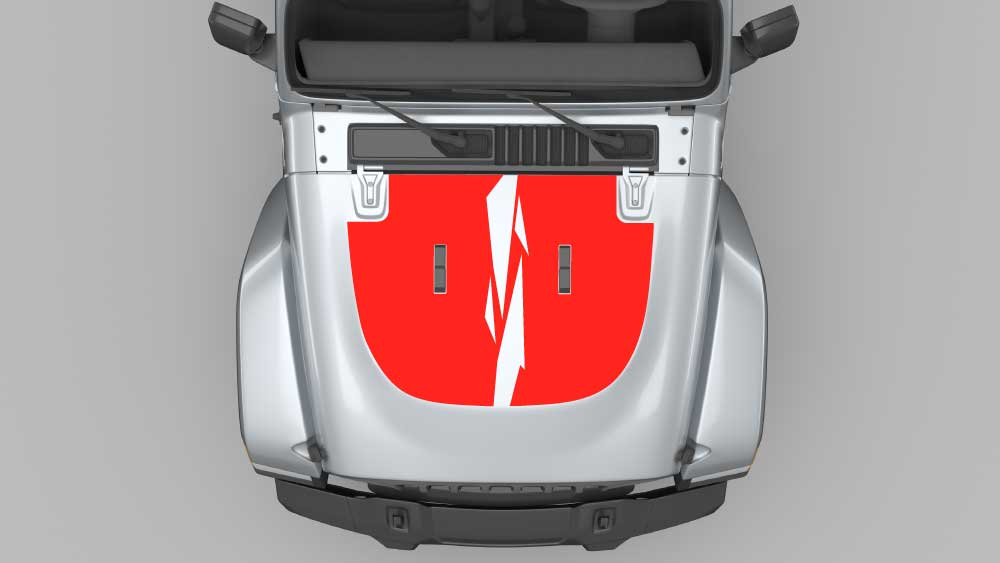 Midnight Split Strike hood decal in red on silver Jeep Wrangler JL, aggressive split strike hood graphic