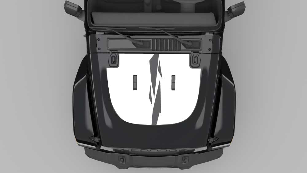 Midnight Split Strike hood decal in white on black Jeep Wrangler JL hood graphic