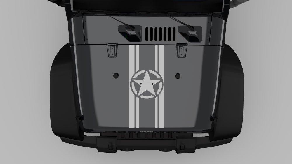Military Star center stripe hood decal in gray on Jeep Wrangler JK, featuring dual racing stripes with star emblem