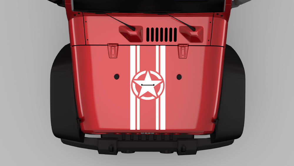 White Military Star center stripe hood decal on red Jeep Wrangler JK with dual stripes and star logo