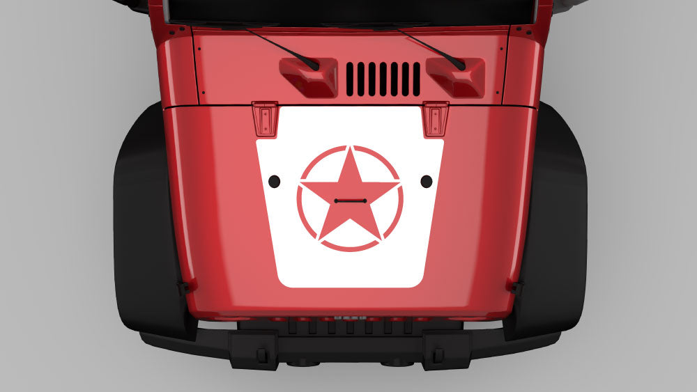White military star hood decal graphics on red Jeep Wrangler JK hood