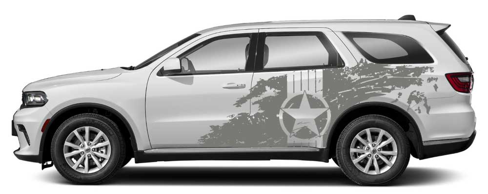 White Dodge Durango with gray military star splash grunge side decals vinyl graphics kit (3rd Gen)