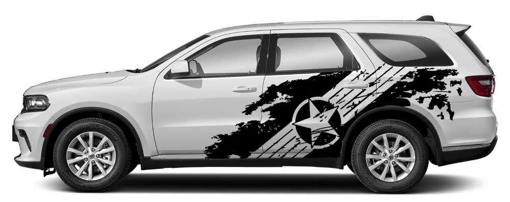 Dodge Durango 3rd gen white SUV with black military star splash side decals grunge vinyl graphics on rear doors and quarter panel