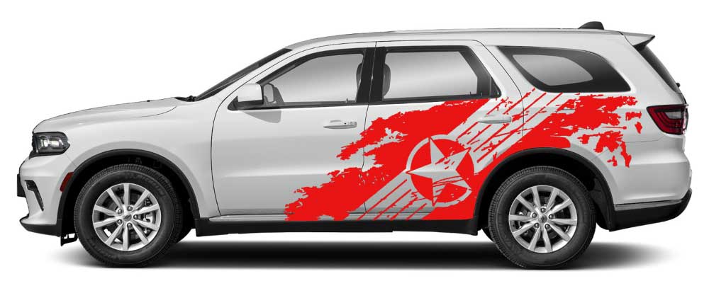 Dodge Durango 3rd gen white SUV with red military star splash side decals vinyl graphic on rear doors and quarter panel