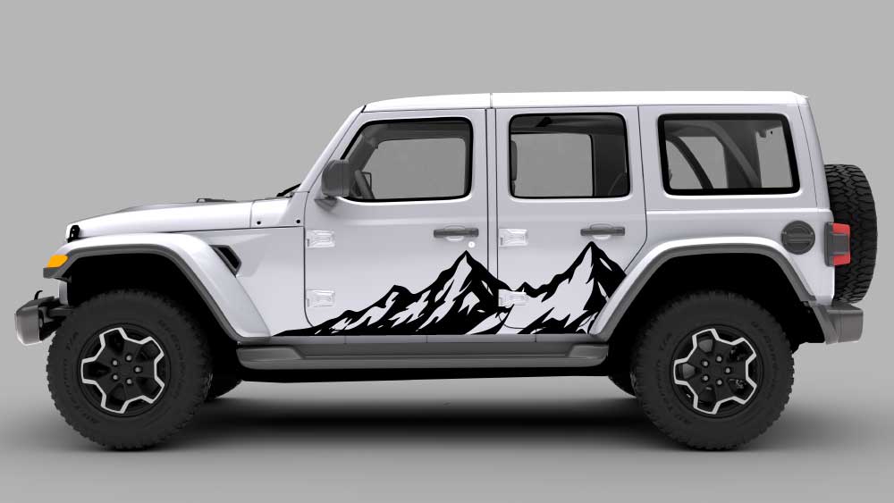 Black mountain peak rocker side decal on a white Jeep Wrangler JL/JLU