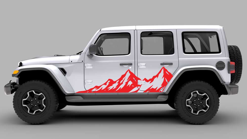 Red mountain peak rocker side decal on a white Jeep Wrangler JL/JLU