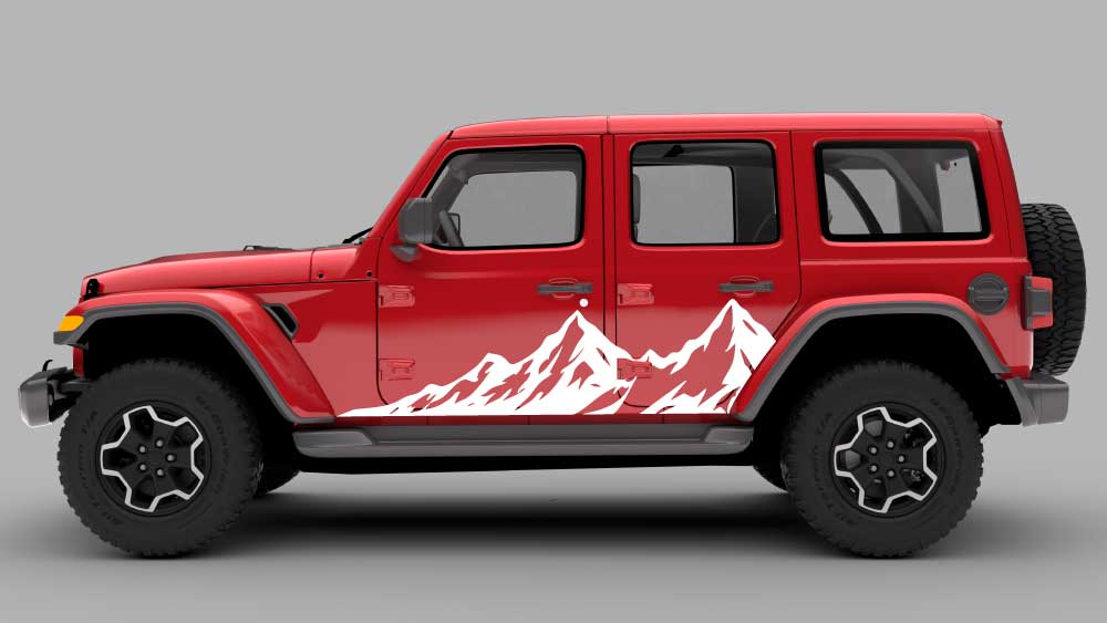 White mountain peak rocker side decal on a red Jeep Wrangler JL/JLU