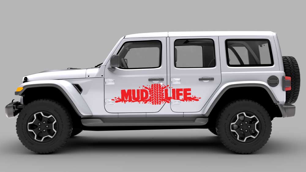 White Jeep Wrangler JL side view with red “MUD LIFE” tire track door decal graphic