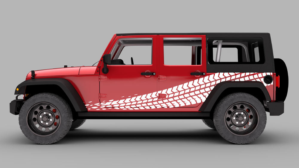 Jeep Wrangler JK 4-door with white mud tire track rocker side stripe decals graphic kit