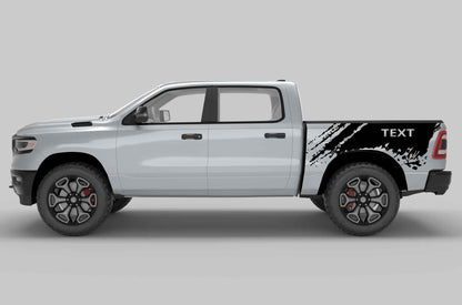 Side view of a silver dodge ram  pickup truck with custom text decals on the side bed in black color
