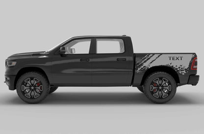 Side view of a black dodge ram  pickup truck with custom text decals on the side bed in gray color