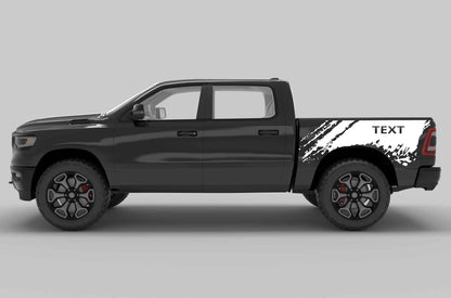 Side view of a black dodge ram  pickup truck with custom text decals on the side bed in white color
