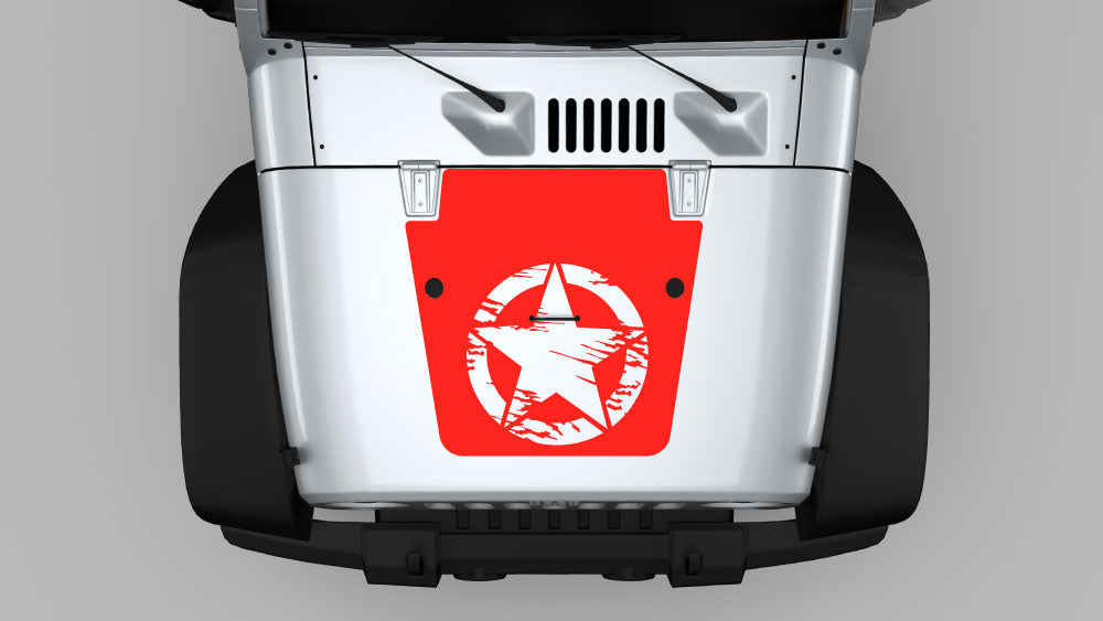 Red distressed star hood decal graphics on white Jeep Wrangler JK hood