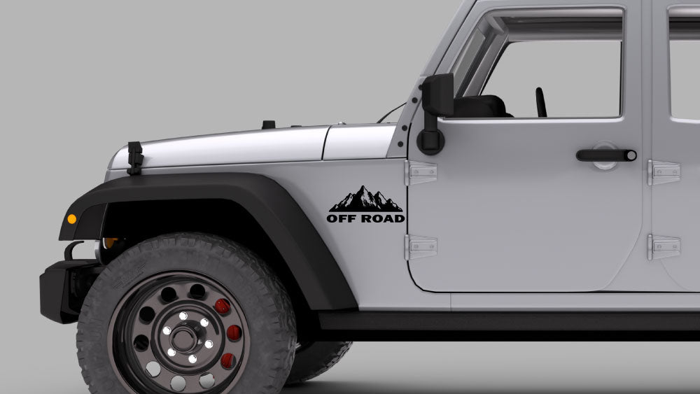 Jeep Wrangler JK Off Road Mountain Fender Decal (black) on silver Jeep