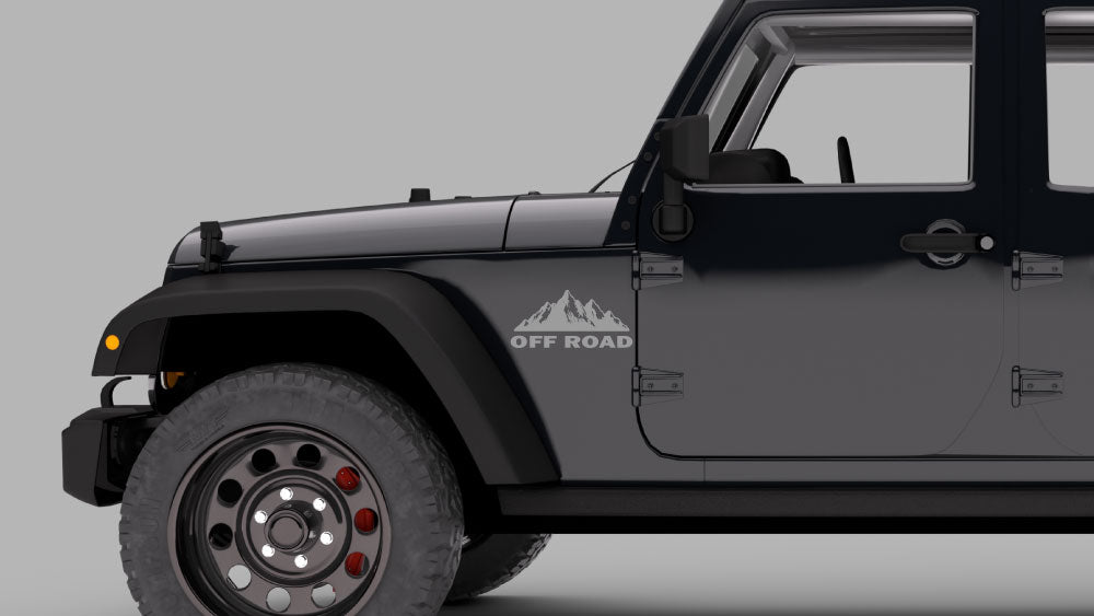 Jeep Wrangler JK Off Road Mountain Fender Decal (gray) on black Jeep