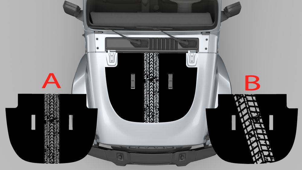 Off-road tire track hood decal in red single track design on silver Jeep Wrangler JL