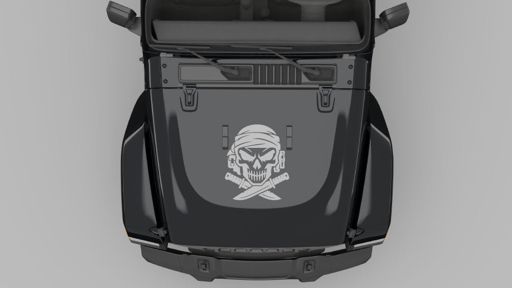 Gray outlaw skull hood decal on black Jeep Wrangler JL hood