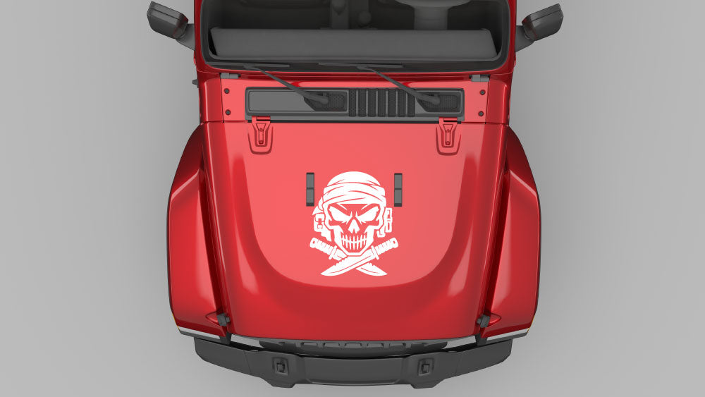 White outlaw skull hood decal on red Jeep Wrangler JL hood