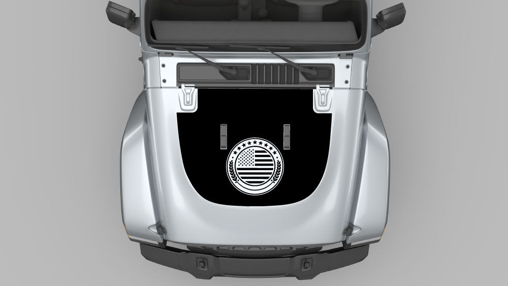 Patriot seal American flag hood decal on silver Jeep Wrangler JL with black hood wrap