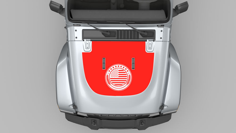 Red patriot seal American flag hood decal graphics on silver Jeep Wrangler JL hood