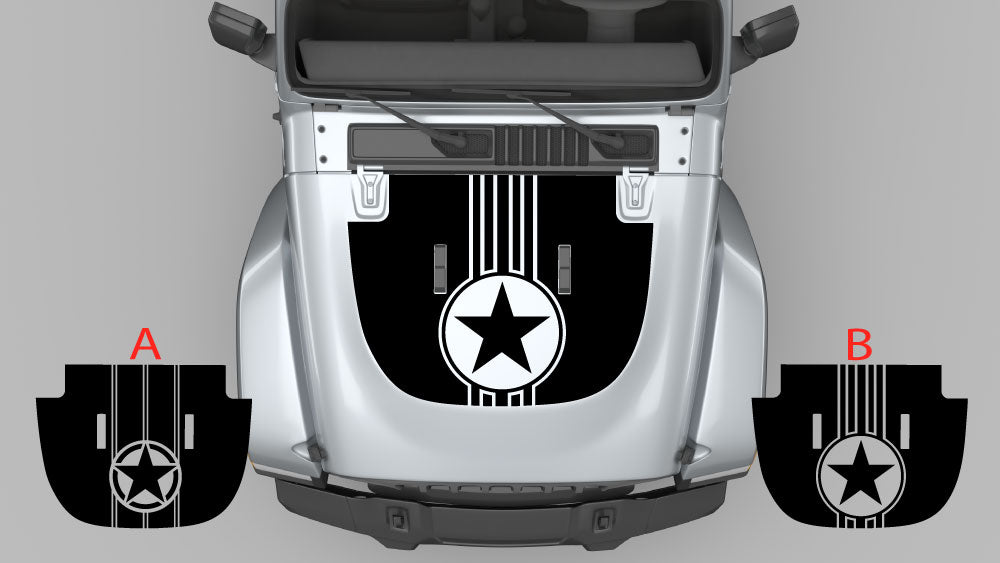 Black Patriot Star vertical stripe hood decal on silver Jeep Wrangler JL, showing layout options A and B.