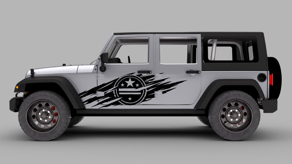 Silver Jeep Wrangler JK JKU with black patriotic star emblem slash side door decal graphic