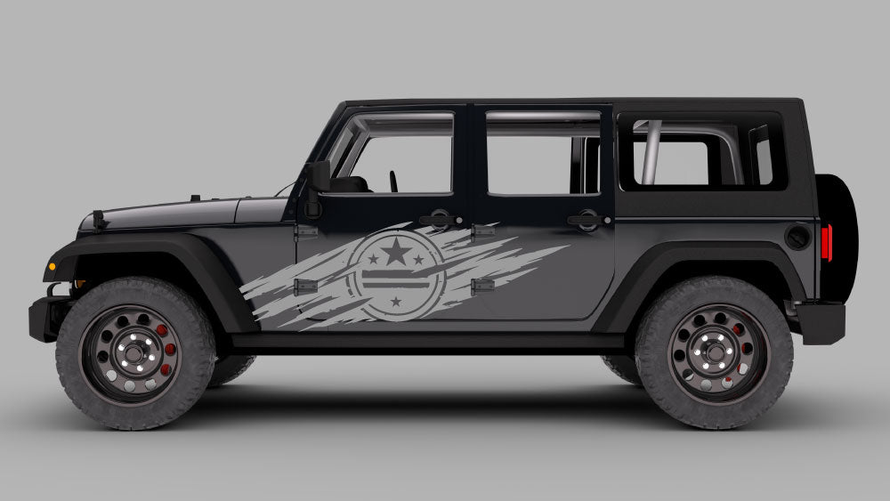 Black Jeep Wrangler JK JKU with gray patriotic star emblem slash side door decal graphic
