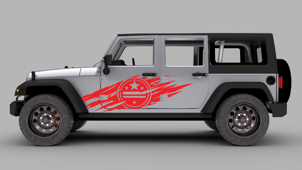 Silver Jeep Wrangler JK JKU with red patriotic star emblem slash side door decal graphic