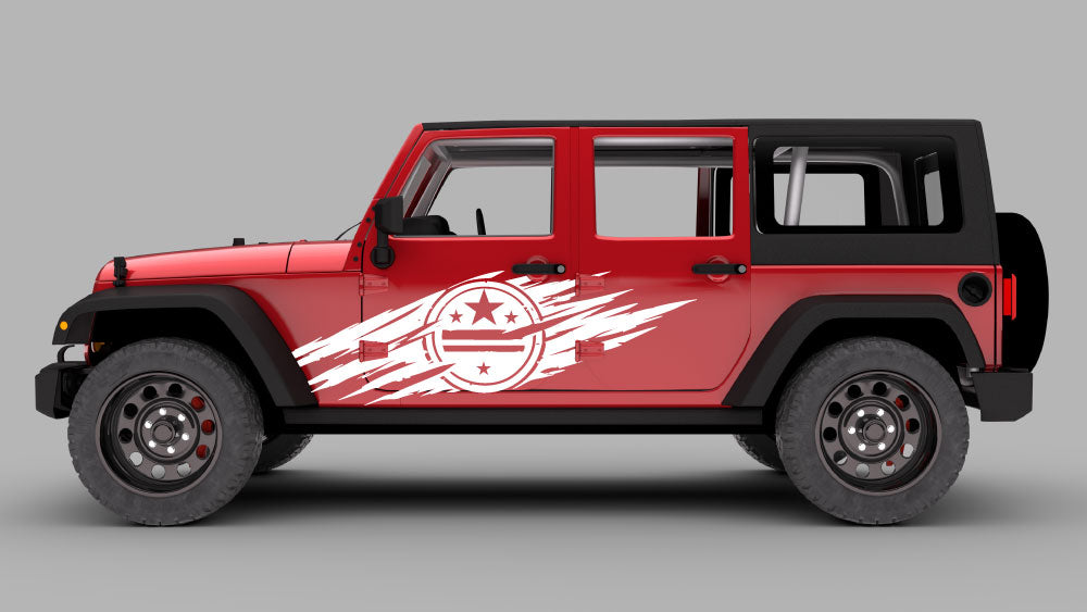 Red Jeep Wrangler JK JKU with white patriotic star emblem slash side door decal graphic