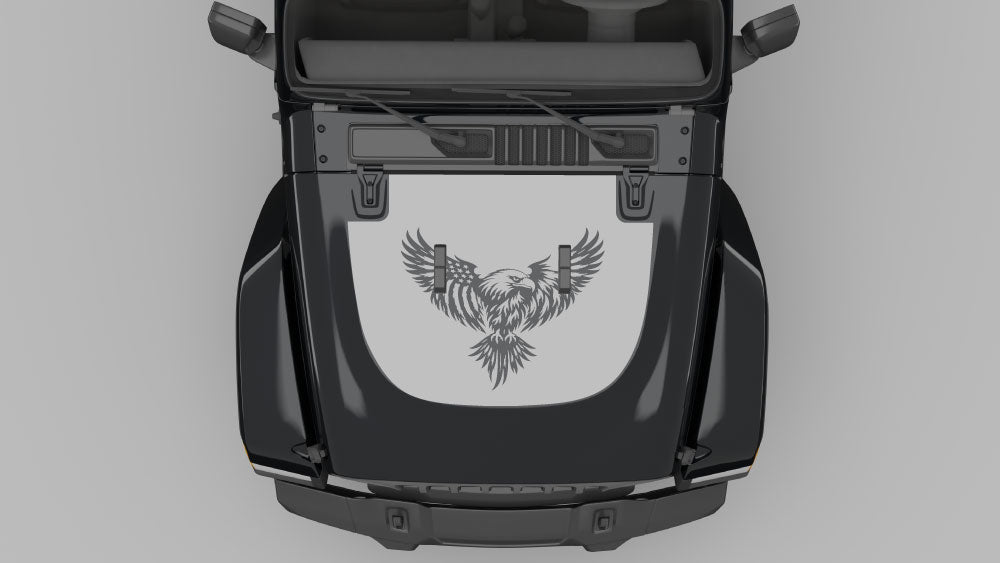 Gray phoenix rise hood decal on black Jeep Wrangler JL