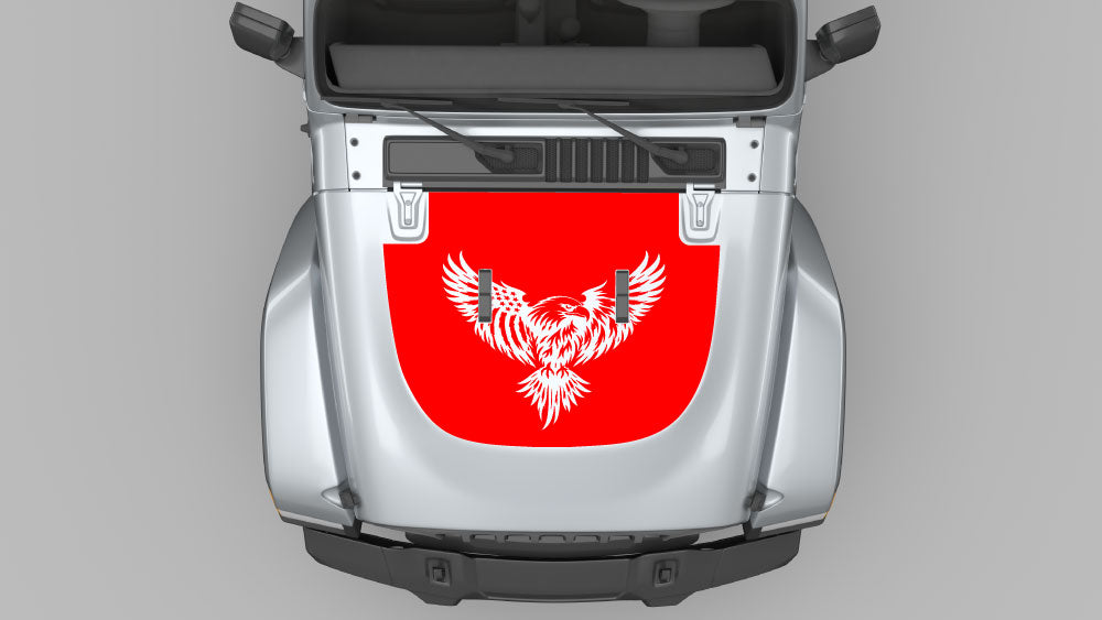 Red phoenix rise hood decal vinyl graphic on Jeep Wrangler JL hood