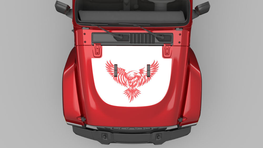 White phoenix rise hood decal graphic on red Jeep Wrangler JL hood