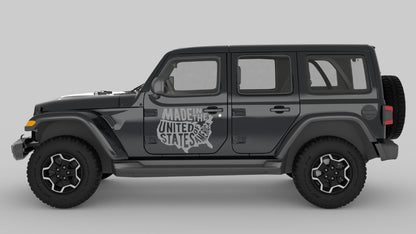 Gray Proudly Made in America Map Graphic Decals on Black Jeep Wrangler JL