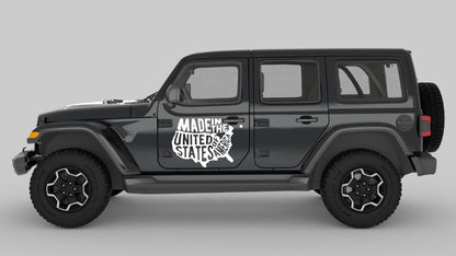 White Proudly Made in America Map Graphic Decals on Black Jeep Wrangler JL