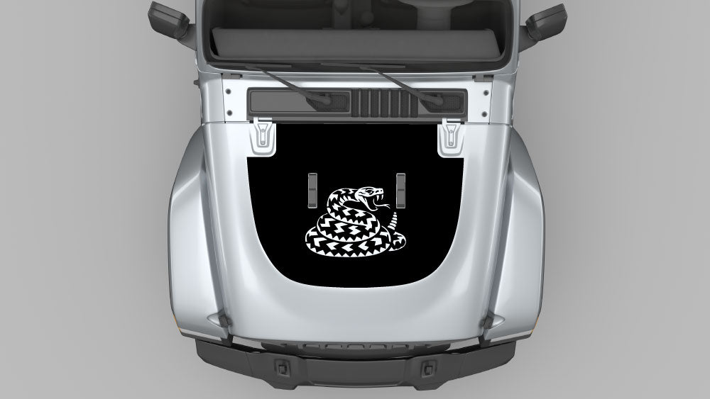 Rattlesnake hood decal on silver Jeep Wrangler JL with black hood wrap