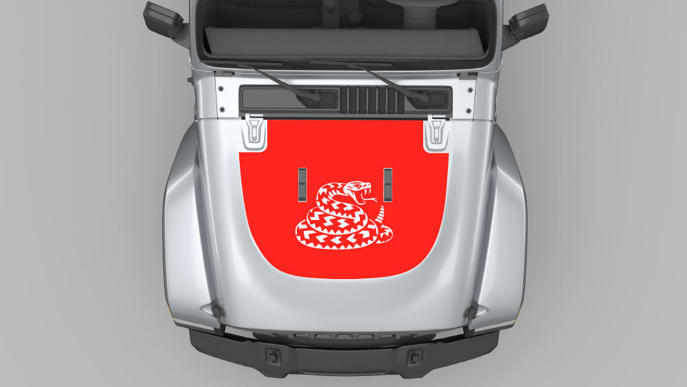 Red rattlesnake hood decal graphics on silver Jeep Wrangler JL hood