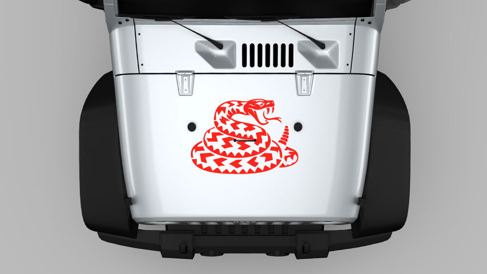 Red rattlesnake strike hood decal graphics on white Jeep Wrangler JK hood