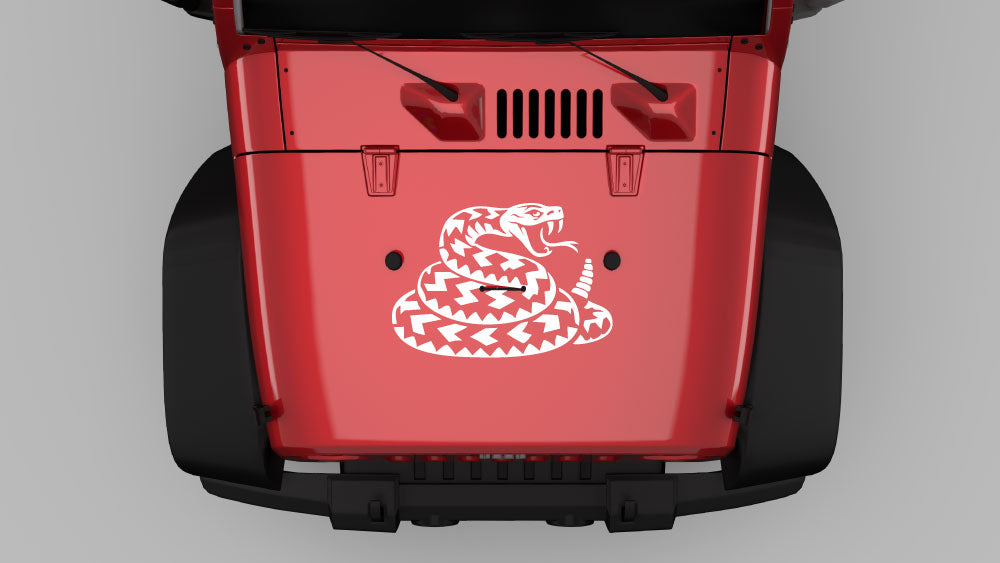 White rattlesnake strike hood decal graphics on red Jeep Wrangler JK hood