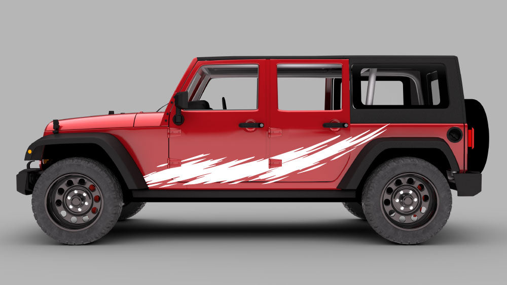 Red Jeep Wrangler JK 4-door with white razor slash side streak rocker panel decal graphics