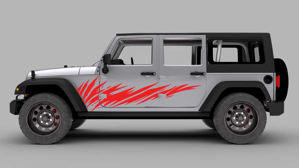 Silver Jeep Wrangler JK with red razor splash rocker side decals