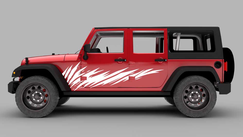 Red Jeep Wrangler JK with white razor splash rocker side decals