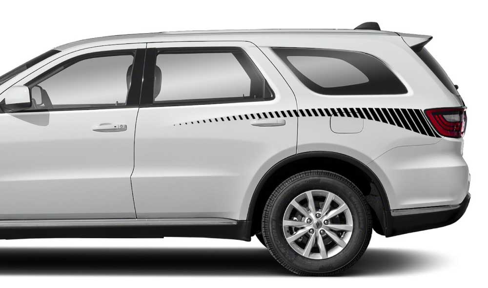 Dodge Durango 3rd gen rear spike stripes side decal kit in black vinyl on white SUV