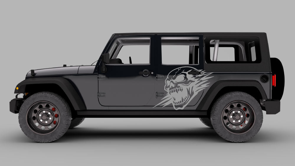 Black Jeep Wrangler JK with gray screaming skull side door decal graphic on rear quarter panel