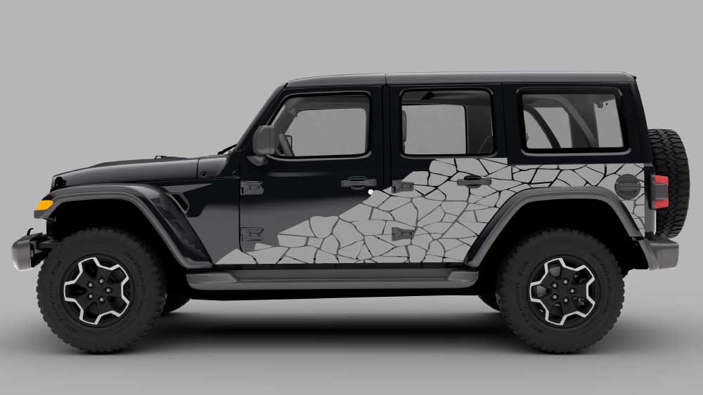 Jeep Wrangler JL/JLU with shattered rock pattern rocker side decal in gray on a black Jeep