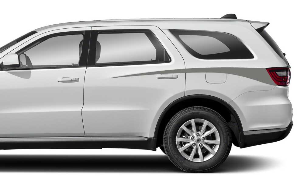 “Single Color Rear Spike Stripes Side Decals” on white Dodge Durango (3rd Gen), gray rear quarter spike stripe graphic.