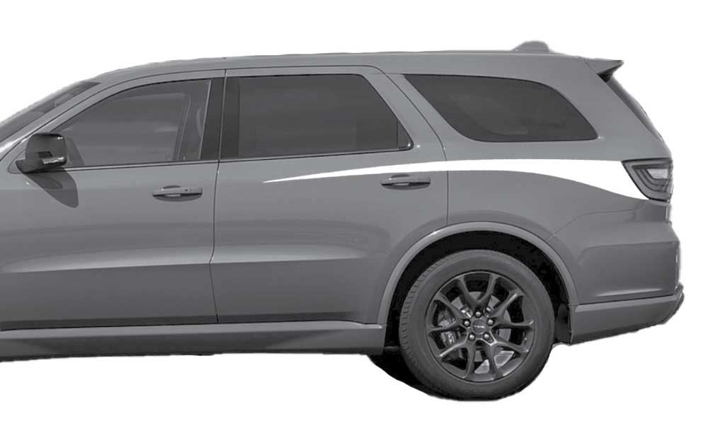 “Single Color Rear Spike Stripes Side Decals” on gray Dodge Durango (3rd Gen), white rear quarter spike stripe graphic.