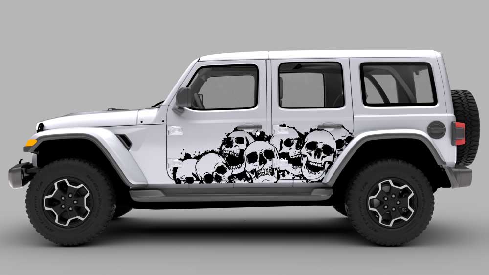 Jeep Wrangler JL JLU with skull pile rocker panel side decal graphic in black