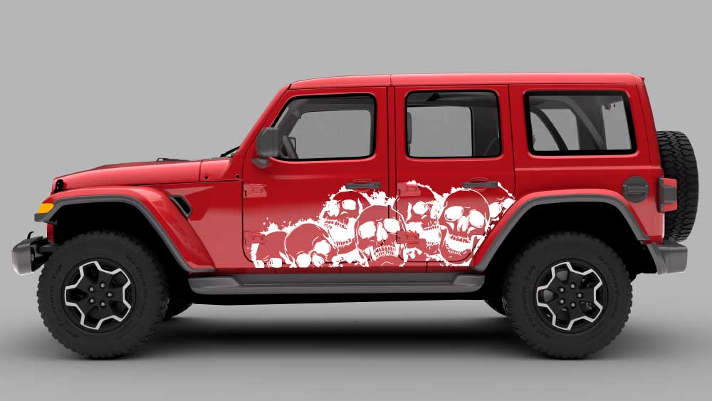 Jeep Wrangler JL JLU with skull pile rocker panel side decal graphic in white