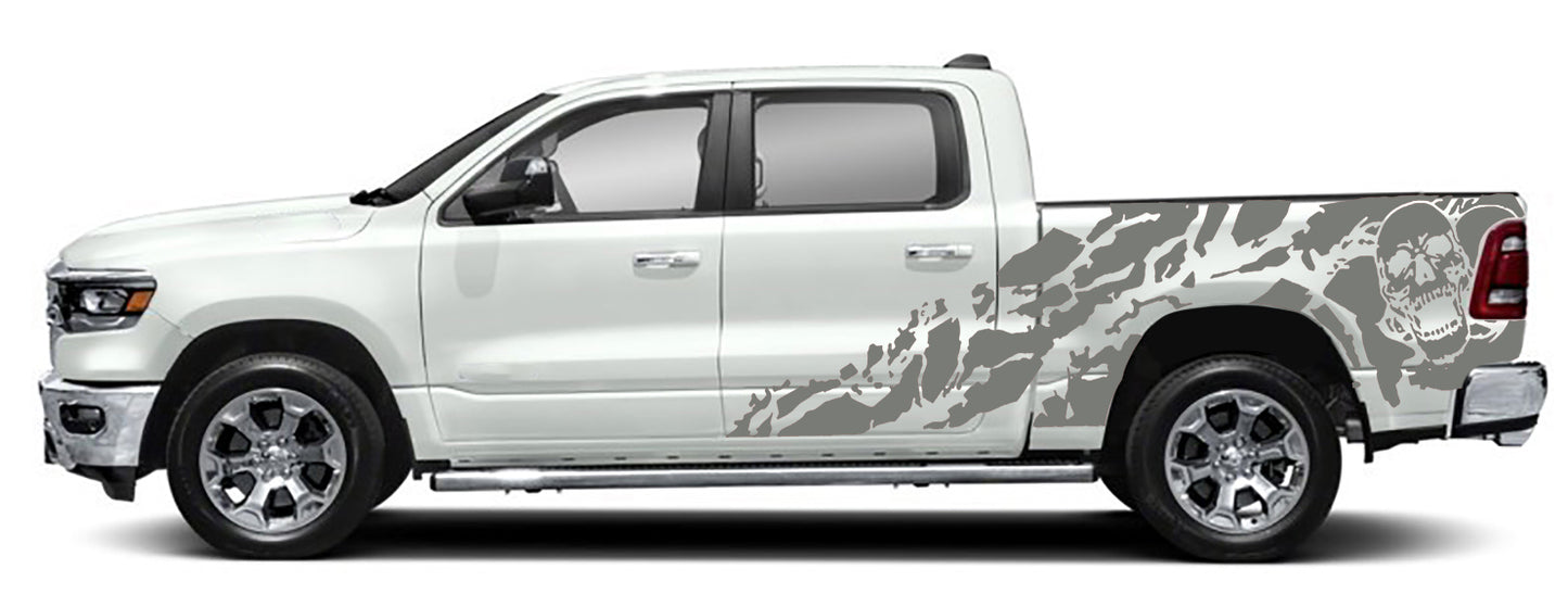 shredded skull side graphics for dodge ram 2018 to 2023 models gray